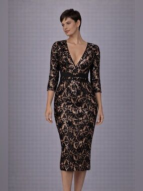 NWT Lucian Matis - Sequin Deep V Long-Sleeve Midi Dress in Black and Rose Gold